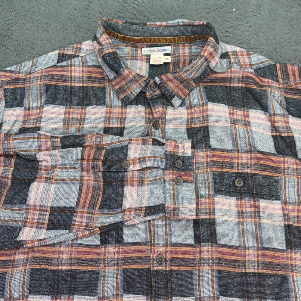 Carbon2Cobalt Button Down Shirt Mens XL Grey Orange Plaid Cotton Flannel L/S